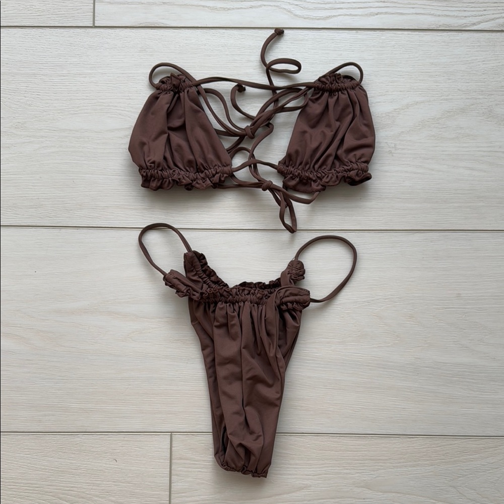 Chic Brown Bandeau Bikini with String Ties